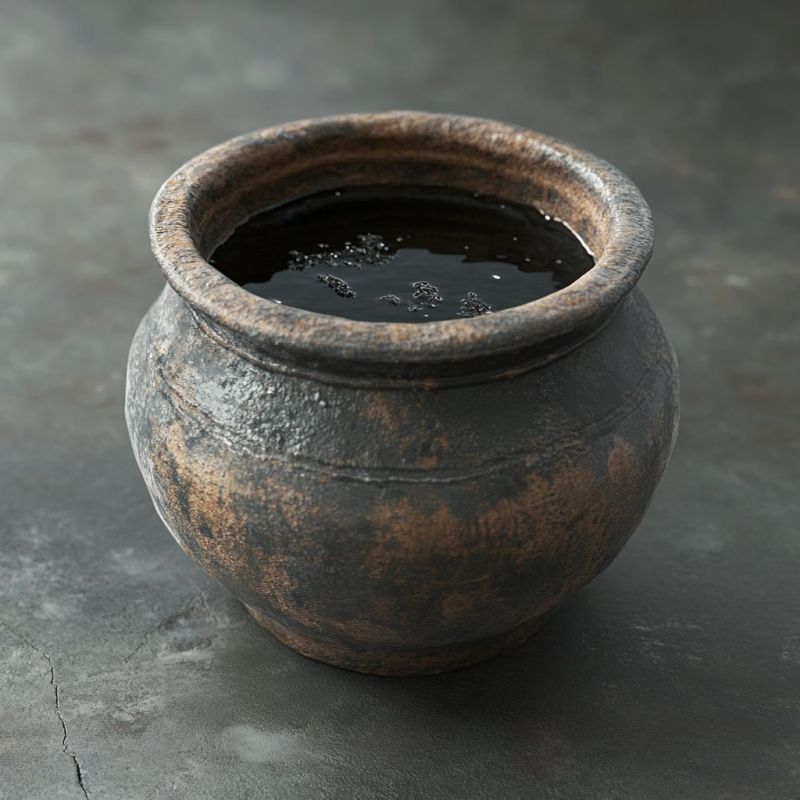 Clay pot, filled with blackish water