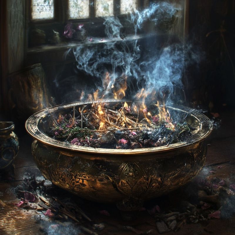 Charcoal, incense, and herbs that must be consumed by fire in a brass brazier